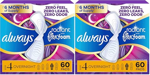 Image of Always Radiant Feminine Pads for Women, Flexfoam Pads with Wings, Size 4, Overnight Absorbency, Lightly Scented, 60 Count (Pack of 2)