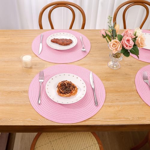 Image of SHACOS Round Braided Placemats Set of 6 Round Table Mats for Dining Tables 15 inch Washable Non Slip Placemats (Pink, 6)
