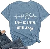 Womens Heartbeat Graphic Tees Dog Lover T Shirt Life is Better with Dogs Funny Letter Print Short Sl