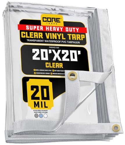 Core Tarps 20 Mil Extreme Heavy Duty Clear Tarp with Grommets - 20x20ft Super Clear Tarps Heavy Duty Waterproof Vinyl Tarpaulin, Transparent Tarp for Outdoor, Camping & Construction, Clear