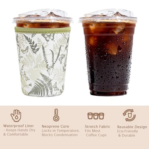 Image of Reusable Insulated Sleeve for Iced Coffee Cup, 3-Pack Coffee Neoprene Drink Sleeve for Cold & Hot Drinks, Beverage Holder for Iced Coffee (Fern Butterflies)