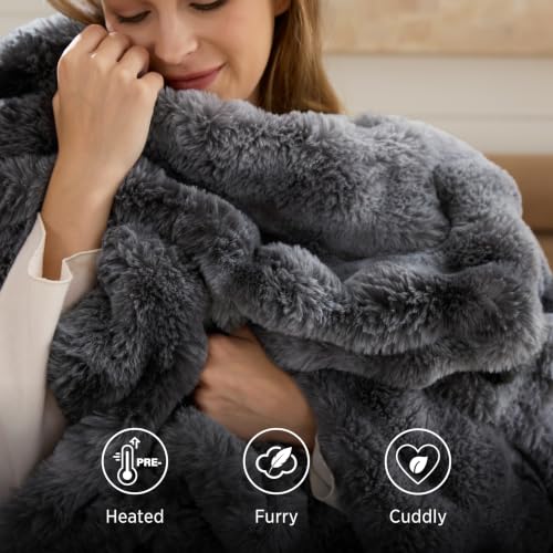 Image of Bedsure Bubble Faux Fur Heated Blanket Electric Throw, Tie-dye Dark Grey