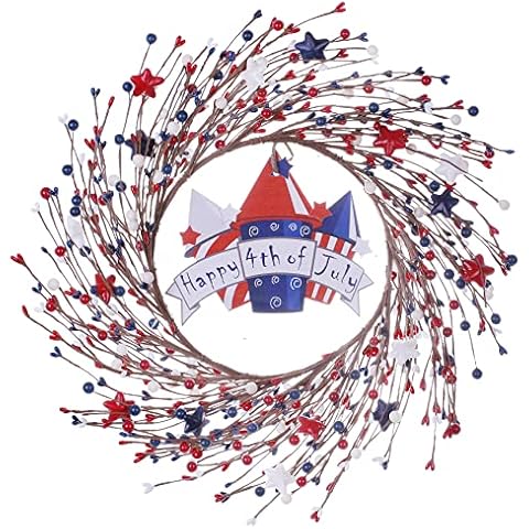 DIYFLORU 4th of July Patriotic Wreaths for Front Door 14" Red White and Blue Independence Memorial Day Wreath with Wooden Sign for Indoor Outdoor Front Door Window Decorations (Foam Star)… Cover