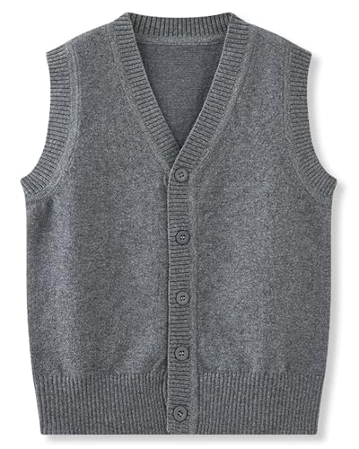 ACESTAR Boys Girls School Uniform Sweater Vest Cotton Kids V-Neck Button Solid Sleeveless Cardigan for Children Toddler, Light Grey, 120/5-6Y