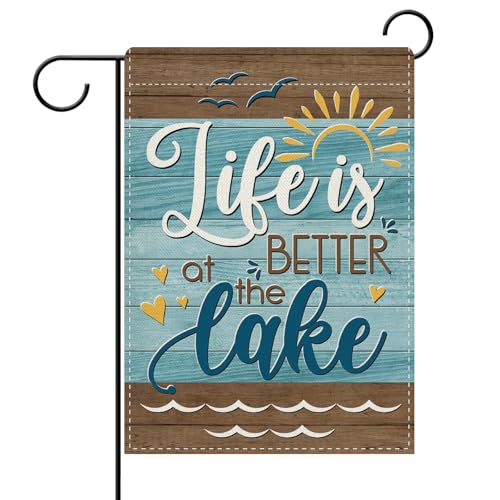 Dyrenson Life is Better at The Lake Decorative Garden Flag, Lakehouse Sunshine Farmhouse Yard Outside Home Decoration, Rustic Lakeside Burlap Outdoor Small Decor Double Sided 12 x 18