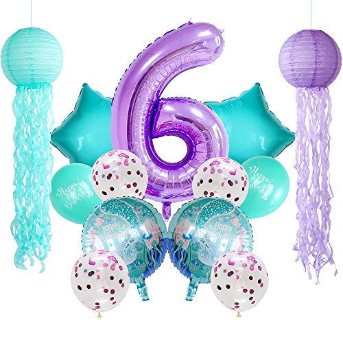 Adlkgg Mermaid Birthday Party Decorations For Kids, Under The Sea Party Supplies Hanging Jellyfish Paper Lanterns Balloons Number 6 Foil Balloons For Mermaid 6Th Birthday Party Decorations #TOP27