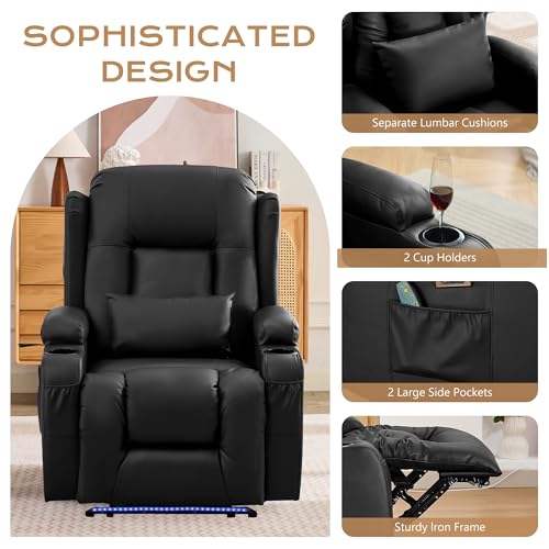 Image of URRED Recliner Chair with Massage and Heat, Power Reclining Sofa Chair Home Theater Seating with LED Ambient Light, USB Ports, Cup Holders, Side Pockets, Faux Leather (Black, Set of 1)