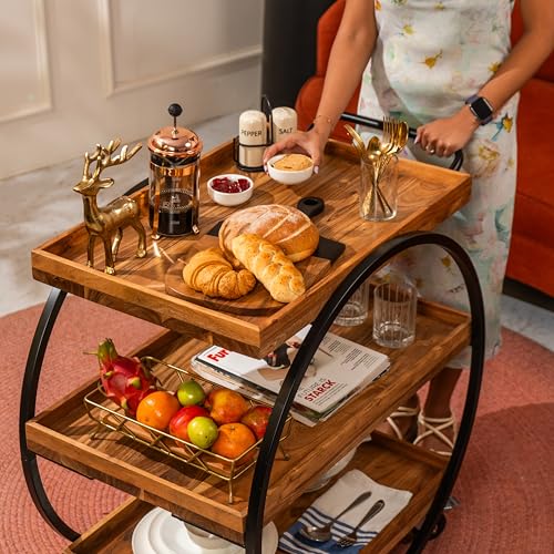 Image of DIY PopnRoll Trolley - Acacia Wood and Metal Trolley with Wheels - Multipurpose Mobile Serving Trolley for Parties, Dining, and Home Bar (32.5x19.75x32.75 inches)
