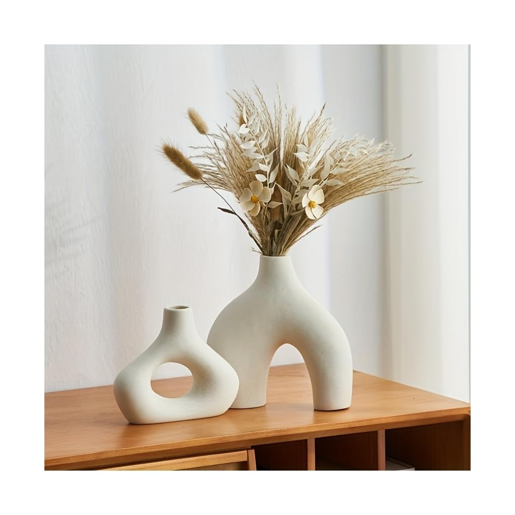 WHFEVDFY White Ceramic Vase Set of 2, Modern Neutral Boho Flower Vase, Minimalist Round Irregular Shapes, Pampas Grass Dried Flowers Vase for Living Room, Home Decor, Dinner Table, Room, TV Stand