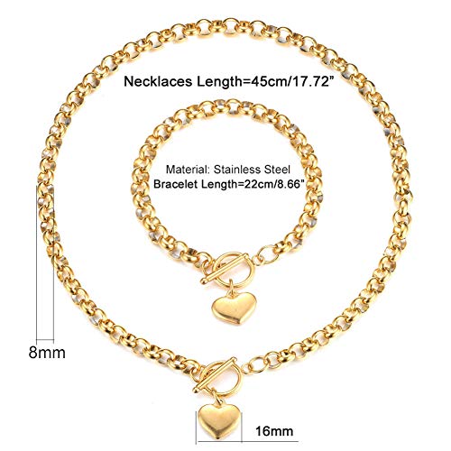 Puffs Heart Choker Necklace Bracelet Set for Women Gold/Silver Heart Pendant Necklace Bracelet Punky Pledge Necklace Bracelet Set Dainty Chunky Link Chain Choker Necklaces for Women2