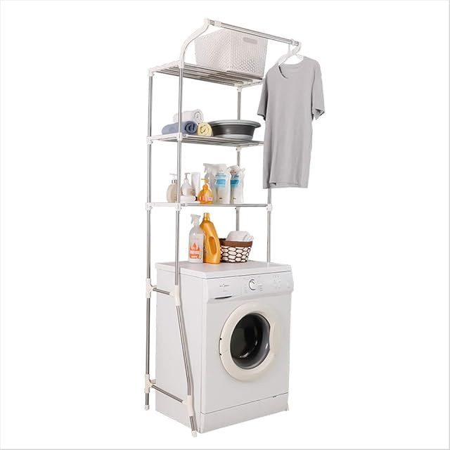 Hershii 3-Tier Laundry Room Shelf Over the Toilet / Washing Machine Storage Rack Bathroom Organizer Stand Adjustable Space Saver Shelving Units with Clothes Hanging Rod - Ivory