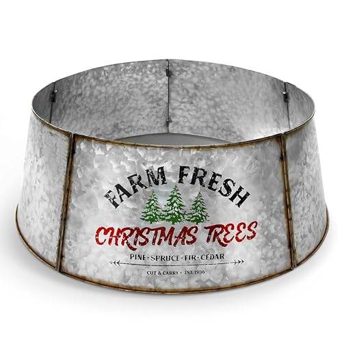 Hallops Galvanized Christmas Tree Stand Collar - Adjustable Metal Skirt Collar for Small or Large Trees - Rustic, Metal Base Farmhouse Christmas Tree Collars for Artificial and Real Xmas Trees