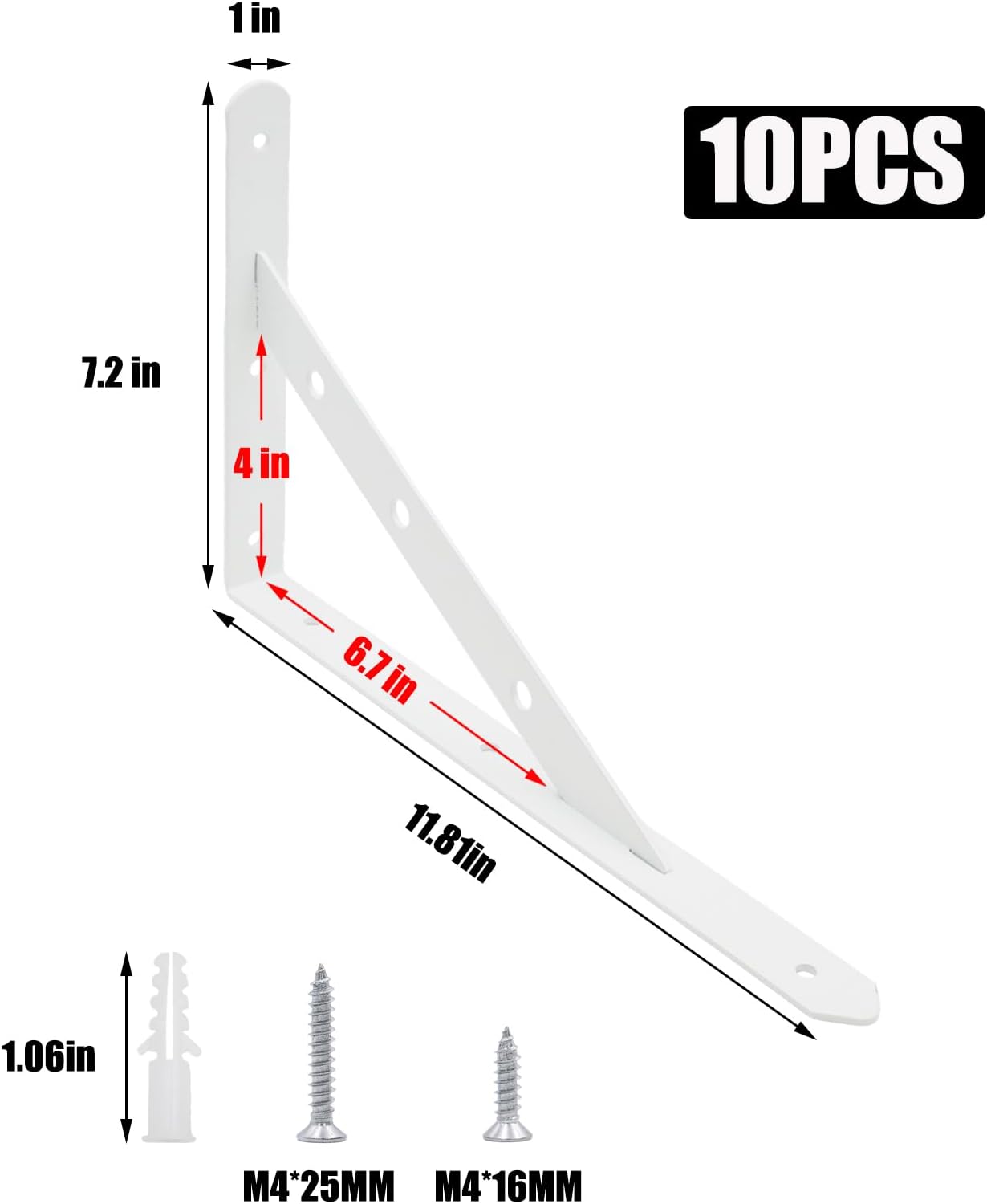 12 Inch Heavy Duty Shelves Brackets (10 Pcs White) - Floating Shelf Bracket, L Brackets for Shelves & Wood, Wall Mount Shelf Bracket Set for Home & Office