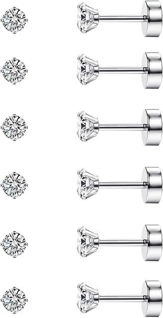 Diamday 6 Pairs 20G Stud Cartilage Earring for Women Men Girls 2-5mm Flat Back Earring Set 316L Surgical Steel Tragus CZ Small Helix Piercing Jewelry Hypoallergenic