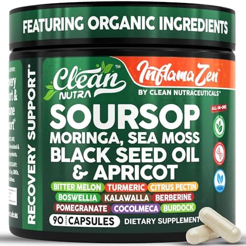 Clean Nutra Soursop Supplement Moringa Sea Moss Black Seed Oil Berberine Turmeric Resveratrol Quercetin Greens Bitters Boswellia Bitter Melon Burdock Root Antioxidant Support 90 Capsules