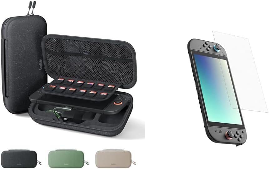Belkin Gaming Charger Case (Charcoal) w/ 10,000mAh Power Bank + Anti-Reflective TemperedGlass Screen Protector Bundle for Nintendo Switch 2 - Travel Essentials w/AirTag Holder, Game Storage & More