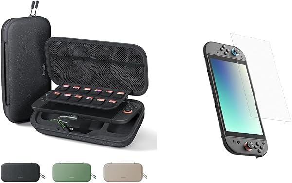 Belkin Gaming Charger Case (Charcoal) w/ 10,000mAh Power Bank + Anti-Reflective TemperedGlass Screen Protector Bundle for Nintendo Switch 2 - Travel Essentials w/AirTag Holder, Game Storage & More - 1