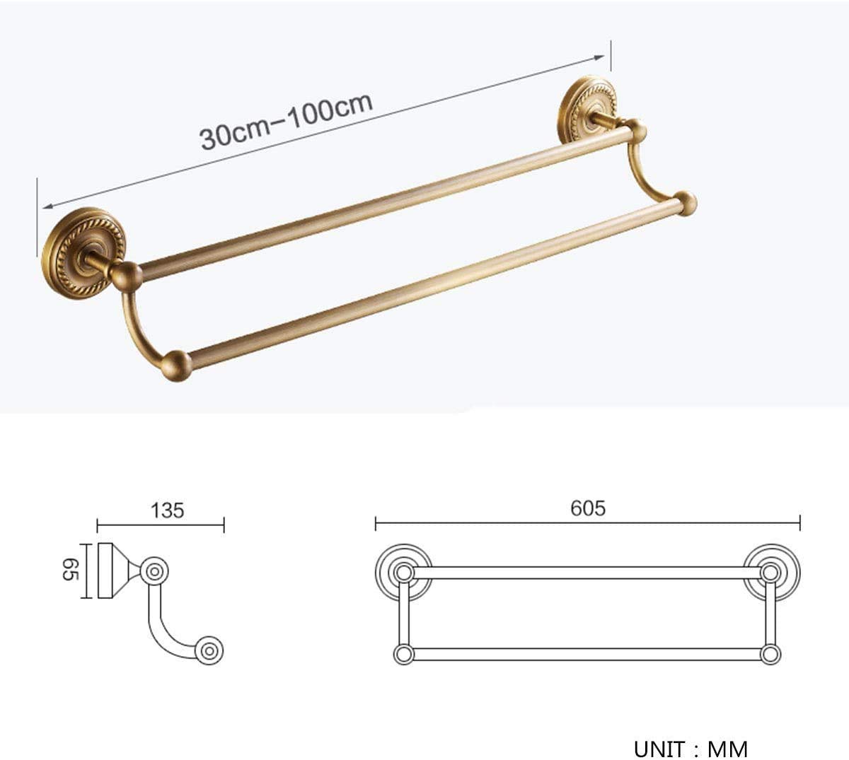 NEECS Porte-Serviettes Porte-Serviettes Double Porte-Serviettes Rail Tous Les Accessoires de Salle de Bain en Laiton Antique Fixation Murale Style européen rétro (Taille: 60 cm) (60 cm)
