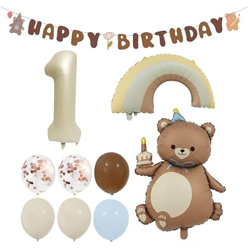 EJUFNS 9 Pieces Of 1St Birthday Balloons And 1 Set Of Birthday Flags, Cute Bear Balloons, Party Decorations, Party Scene Layout.