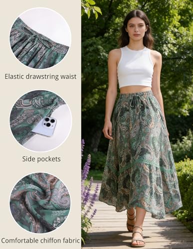 Scarlet Darkness Women's Boho Maxi Skirt Renaissance Skirt A-Line Elastic High Waist Long Skirts with Pockets Green Floral L — view 5