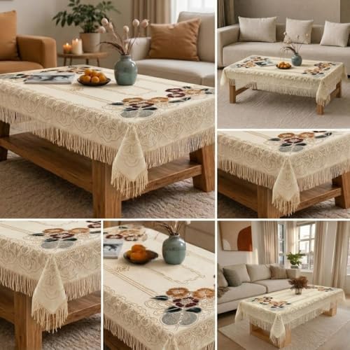 Image of Cotton Net Embroidered Center & Dining Table Cover for 4 Seater | Rectangular 40x60 Inch | Lightweight & Washable Table Cloth | Pack of 1 (Cream)
