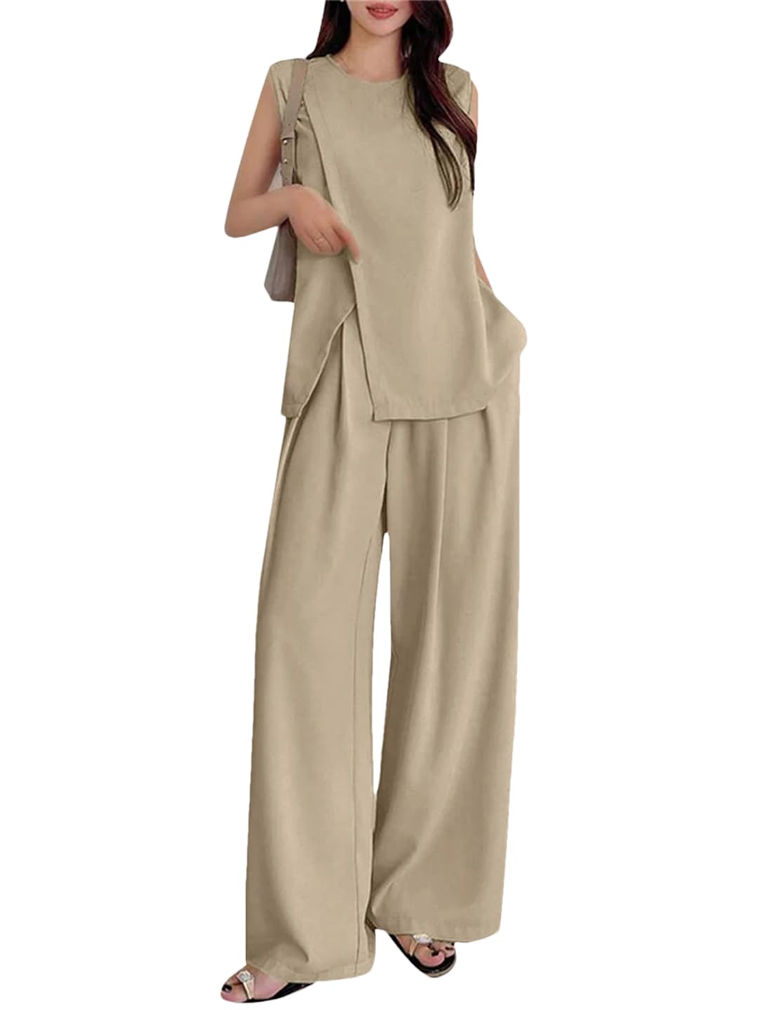 Ensemble débardeur raffiné et pantalon fluide beige chic Alloaone