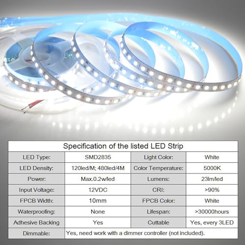 Tira LED 4m 12V luz blanca 5000K SMD2835 120LED/M miniatura 3
