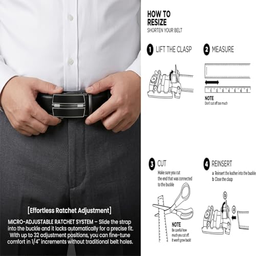 Image of JINIU Men's Ratchet Belt Buckle, Black Genuine Leather Slide Belt for Men Dress Suit, Micro Adjustable Trim to Fit Boxed