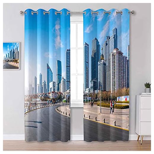 Gardiner mörkläggning 160 cm längd, Qingdao stadslandskap Shandong provins Kina termisk förhindrar bullerdraperier, 106 x 160 cm, 2 paneler