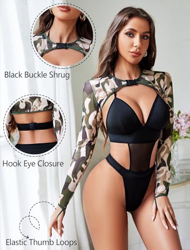 Image of Avidlove Rave Outfits for Women Festival Sexy Lingerie Bodysuit 2 Piece | Buckle shrug crop top halter bodysuit set, snap closure, breathable mesh, for concerts and club nights