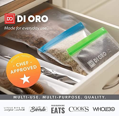 DI ORO® - Reusable Snack Bags - 100% Food Safe BPA Free Freezer Safe Bags - 3 Sandwich & 3 Small Bags - Thick, Leakproof, and Washable - Easy Ziplock Reusable Sealing System