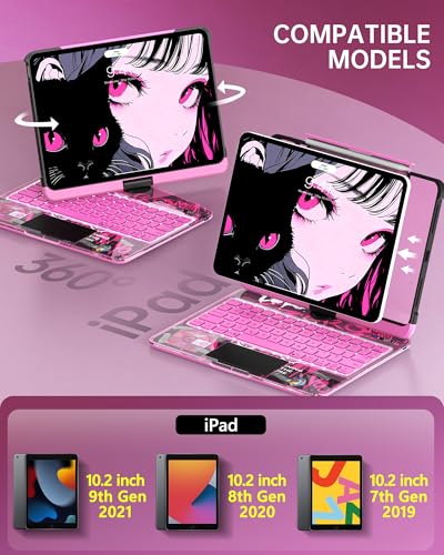 Image of Intermerge for iPad 9th 10.2 inch Keyboard Case, 360 Transparent Multi-Touch Trackpad, 7-Color Backlit Keyboard, Pencil Holder, Type-C, Power Indicator for 9th / 8th / 7th - Blush Pulse