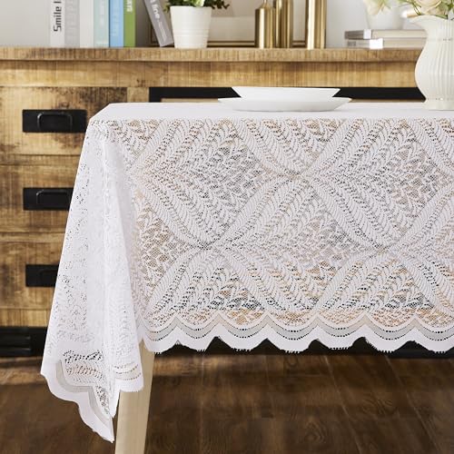 LinenZone Oblong Lace Tablecloth with Leaves Design. Each White Tablecloth Measures 60 x 104 Inches. Leaf Tablecloth for Farmhouse Table Decor or Rustic Kitchen Decor. (Amelia 60 x 104, White) by LinenZone - Used condition - Image 2
