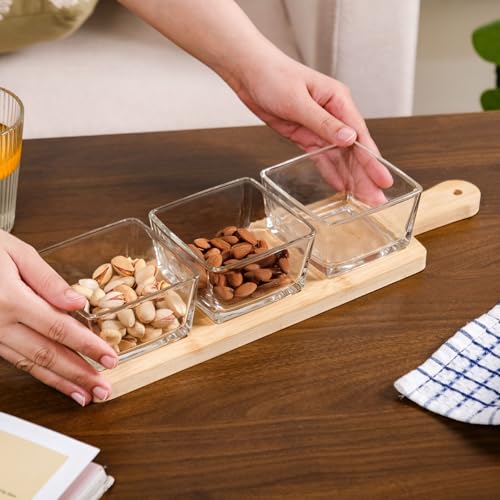 Image of Nestasia Square Glass Bowls Set of 3 (250 ml Each) with Wooden Tray | Transparent Katori for Dessert & Ice Cream, Snacks & Dry Fruits Serving Set for Dining Table, Home & Kitchen - Perfect for Gifting