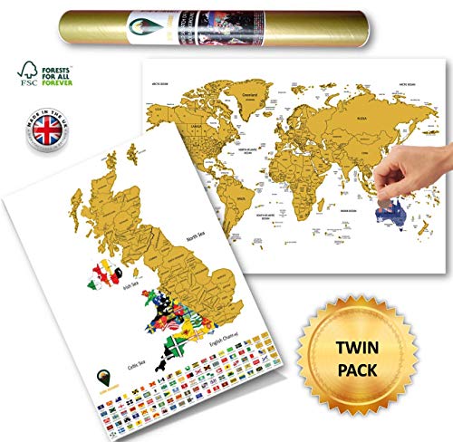 Global Walkabout Scratch Off World and UK Map with Flags background - Deluxe Travel Size World, Europe and UK Map Poster - Countries and Facts - Travel Gift (White)