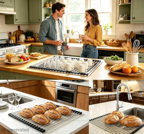 Image of Ahyuan Roll up Dish Drying Rack Over The Sink Kitchen Roll up Sink Drying Rack Portable Dish Drainer Foldable Dish Drying Rack (Black, 20.5''X16.9'')