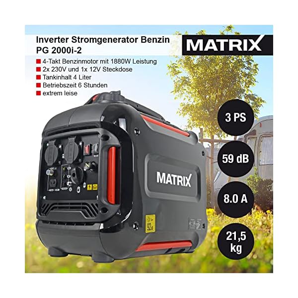 Matrix Notstromaggregat Benzin leise 2000 Watt Digitaler Generator Inverter Stromerzeuger Stromaggregat tragbar Stromgenerator silent | PG 2000i-2 | 4-takt | 2x230V | leise 59 dB(A) – Bild 3