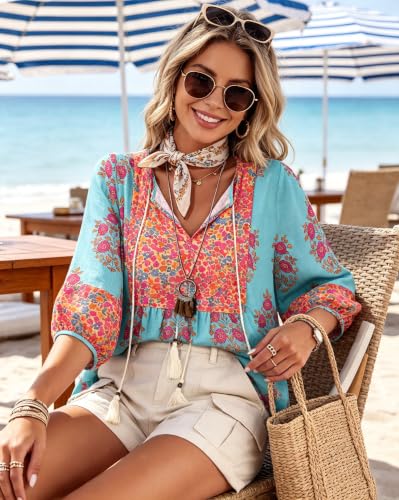 Image of Vivilli Womens Summer Boho Babydoll Tops 3 /4 Sleeve Pleated Peplum Blouses Casual V Neck Tie Front 2026 Tunic Tops