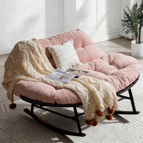 MUSUFIMIIX Patio Double Rocking Chair with Thick Cushion,Oversize Rattan Papasan