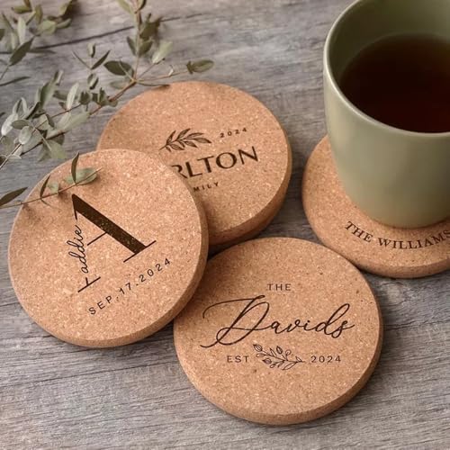 Miguha Sottobicchieri in sughero personalizzati, assorbenti, resistenti al calore e all'acqua, for tazze e tazze, sottobicchieri rotondi con nome inciso for gli ospiti di nozze(5mm thick)