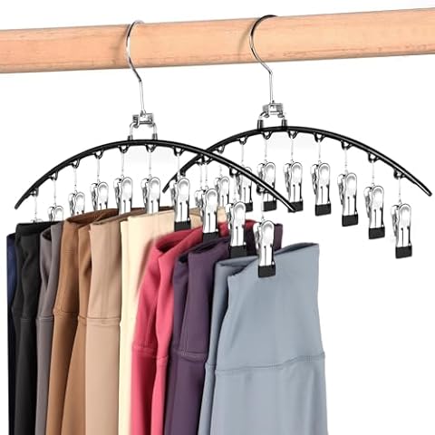 Hendiy Legging Organizer for Closet, Rotatable Pants Hangers 2 Pack w/10 Clips Holds 20 Leggings, Leggings/Shorts/Jeans/Skirts/Pants Hangers w/Rubber Coated, Space Saving Hanging Closet Organizer Cover