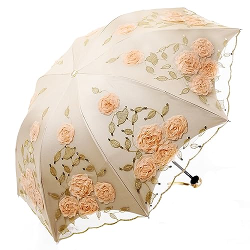 Honeystore Lace Travel Parasol Folding Anti-uv Windproof Embroidery Umbrella 1337 3-Folding Beige Yellow