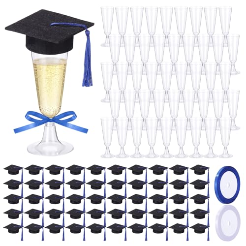 Singhoow 50 Set 2026 Graduation Champagne Glasses with Mini Felt Graduation Caps, and Ribbon Decorations Plastic Champagne Flutes 5 oz Clear Disposable Wine Glasses Cups for Celebration Party(Blue)