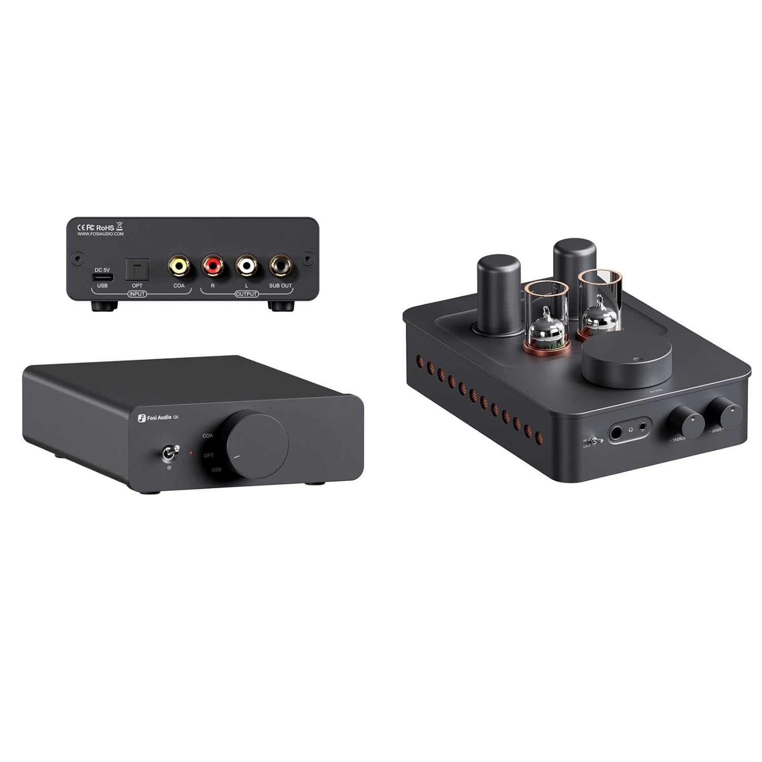 Fosi Audio Q6 Mini Desktop DAC, USB C Digital to Analog Audio Converter and GR70 Tube Headphone Amp Preamp Mini HiFi Preamplifier for Home Audio