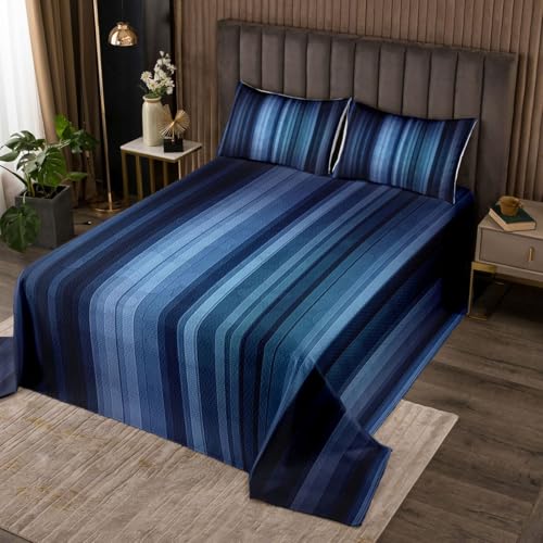 Homemissing Moderne gestreifte Tagesdecke 220x240cm Geometrisch Bettüberwurf Schwarz Blau Steppdecke Gradien Wohndecke mit 1 Kissenbezug Bettdecke Steppdecke