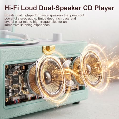 Image of Gueray CD Player Portable Bluetooth: Retro CD Players with Speakers Vintage CD-Player 3600mAh Rechargeable & Radio & Remote Control Support USB /AUX Playback Headphone Jack (Green)