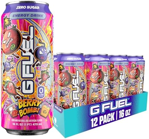 G Fuel Energy Drink, Berry Bomb, Sugar Free Carbonated Beverage with 300mg Caffeine, Daily Energy Boost with Focus Amino, Vitamin + Antioxidants, 16 oz Cans (Berry Bomb, 12-Pack)