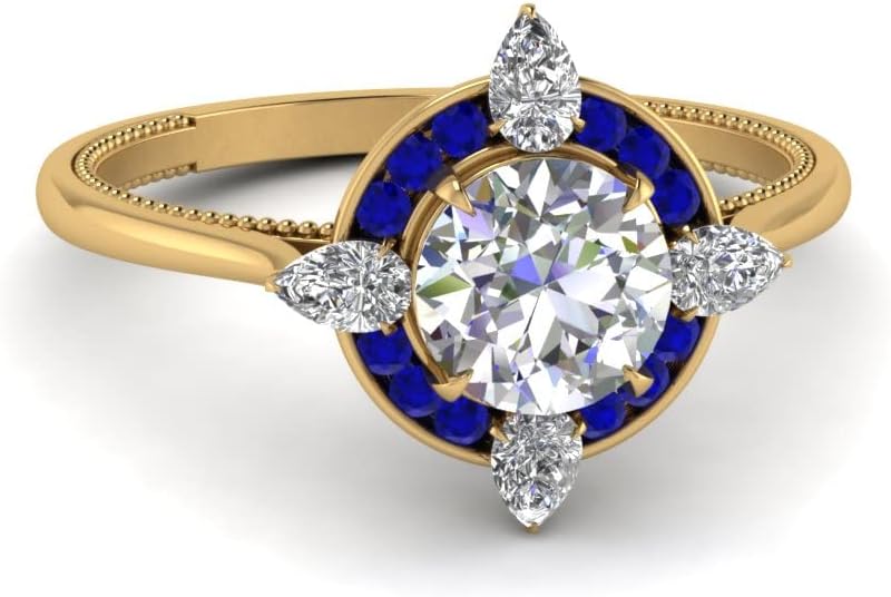 Choose Your Gemstone Compass Point Halo Diamond CZ Ring Yellow Gold Plated Round Shape Halo Engagement Rings Everyday Jewelry Wedding Jewelry Handmade Gifts for Wife US Size 4 to 12