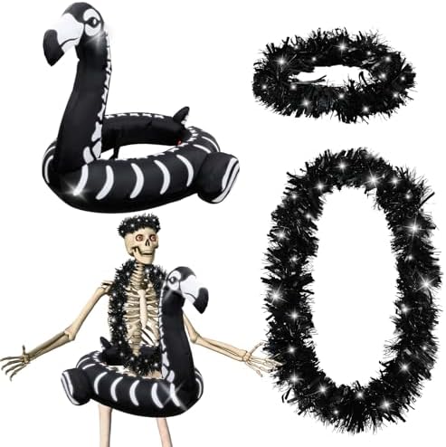 4 Pcs Halloween 12 ft Skeleton Costumes Set Includes Inflatable Flamingo Swimming Ring with Light Chest Ring Headpiece for Party Garden Lawn Decor