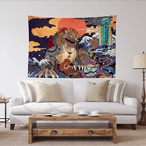 Spanker Space Ukiyoe Colorful Japanese Mythical Creature The Great Waves Fabric Tapestry 48 x 60 inches Wall Hangings with Hanging Accessories for Home Dorm Wall Art Decor